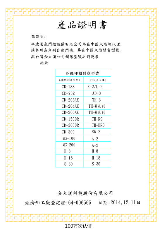 川島產品證明書